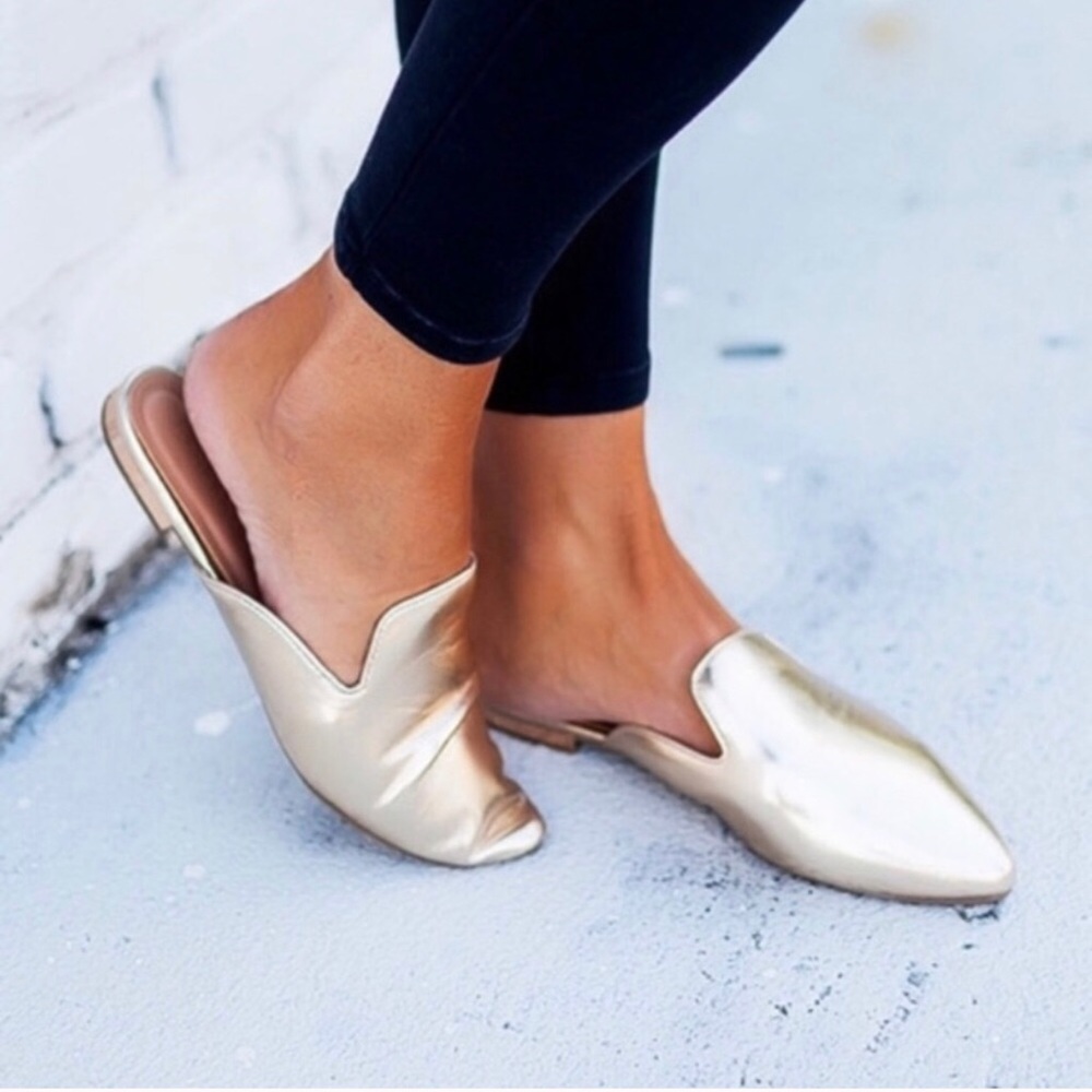 Metallic Gold Flat Mule Pointed Slides Pointed Toe